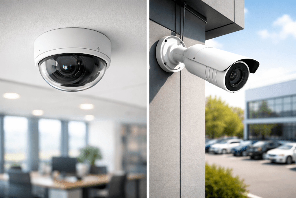 Dome camera installed indoors and bullet CCTV camera installed outdoors for security surveillance comparison, how to choose the right CCTV system