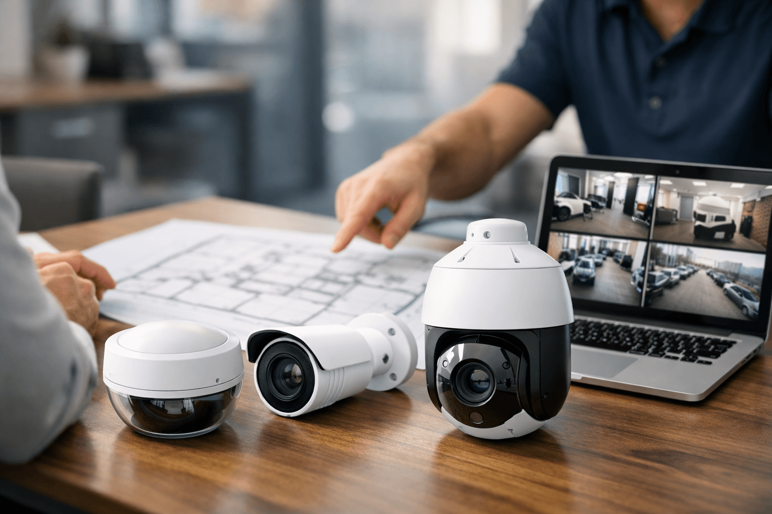 Different CCTV camera types including dome, bullet and PTZ cameras with installer planning surveillance system on office desk. how to choose the right CCTV system