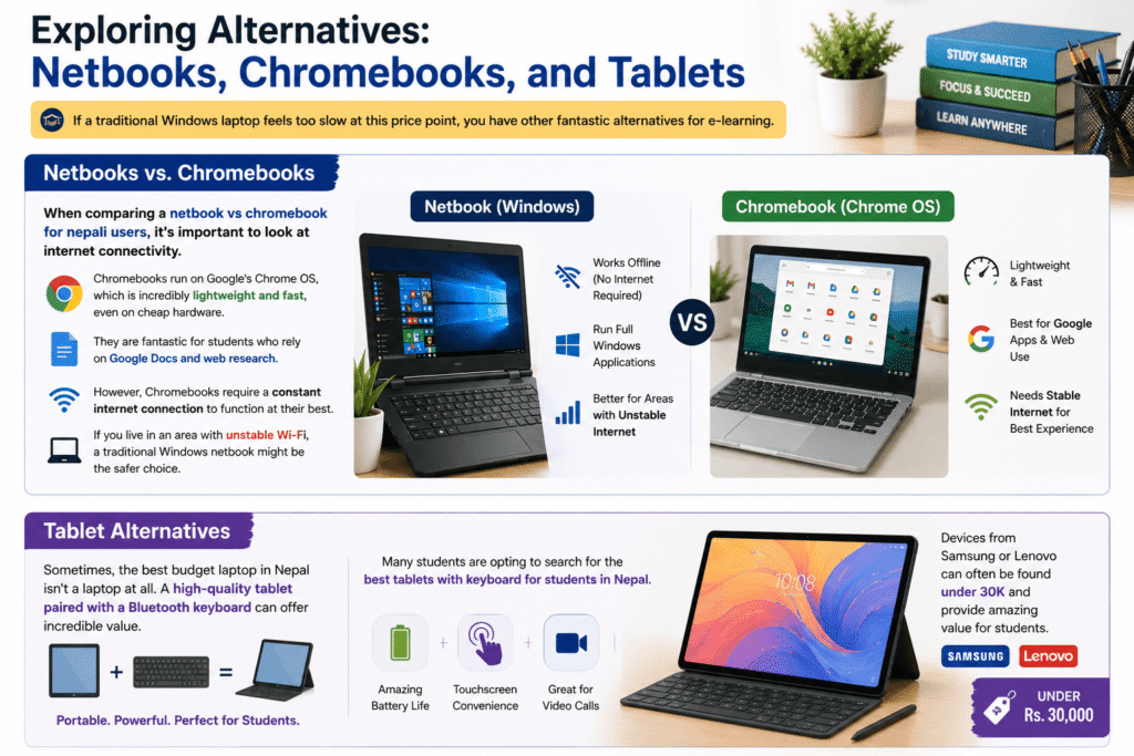 Infographic comparing netbooks, Chromebooks, and tablets for students in Nepal, featuring affordable devices for e-learning, internet usage, online classes, and study productivity under NPR 30,000.