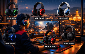 A modern gaming setup in Kathmandu, Nepal featuring a young gamer wearing stylish over-ear gaming headphones with RGB lighting, sitting at a desk with a mechanical keyboard and LED monitor glow, city lights of Kathmandu visible through the window, multiple budget gaming headsets displayed floating around with price tags under NPR 5000