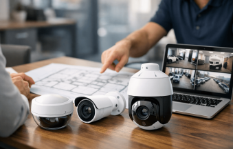 Different CCTV camera types including dome, bullet and PTZ cameras with installer planning surveillance system on office desk. how to choose the right CCTV system